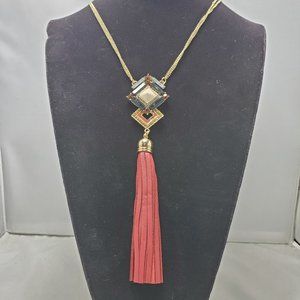 Macy's red leather tassel necklace with gold chain and rhinestones